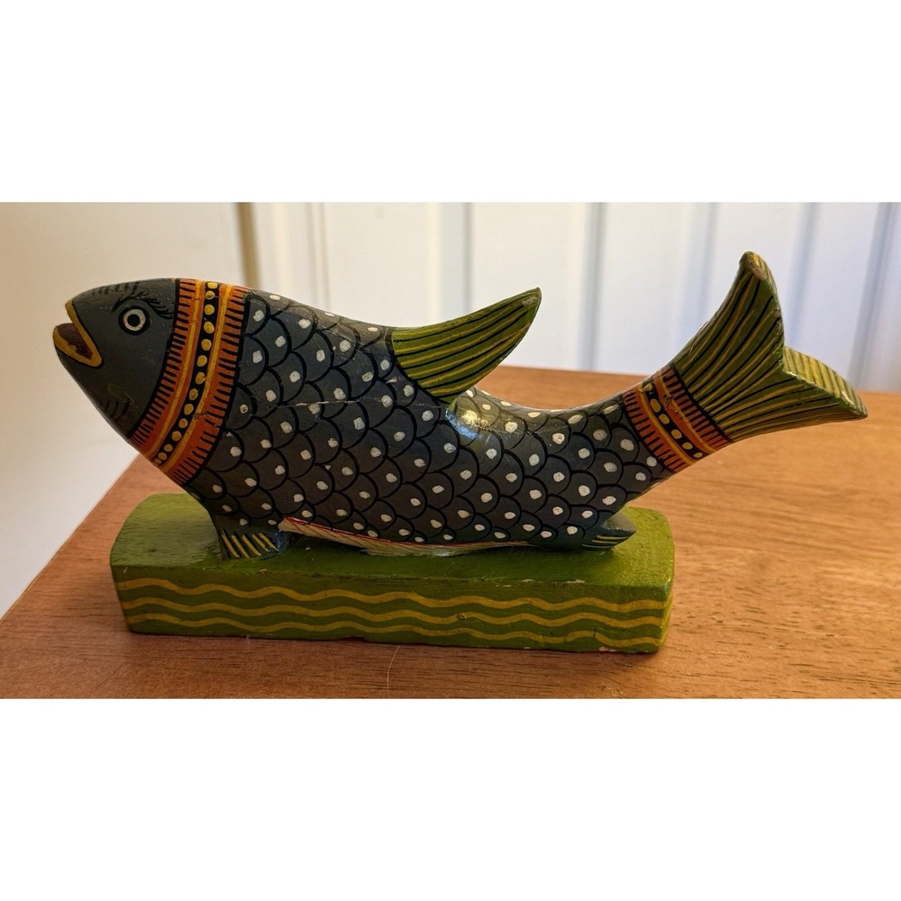 Hand Carved Painted Wooden Fish On Stand Sculpture Folk Vintage
